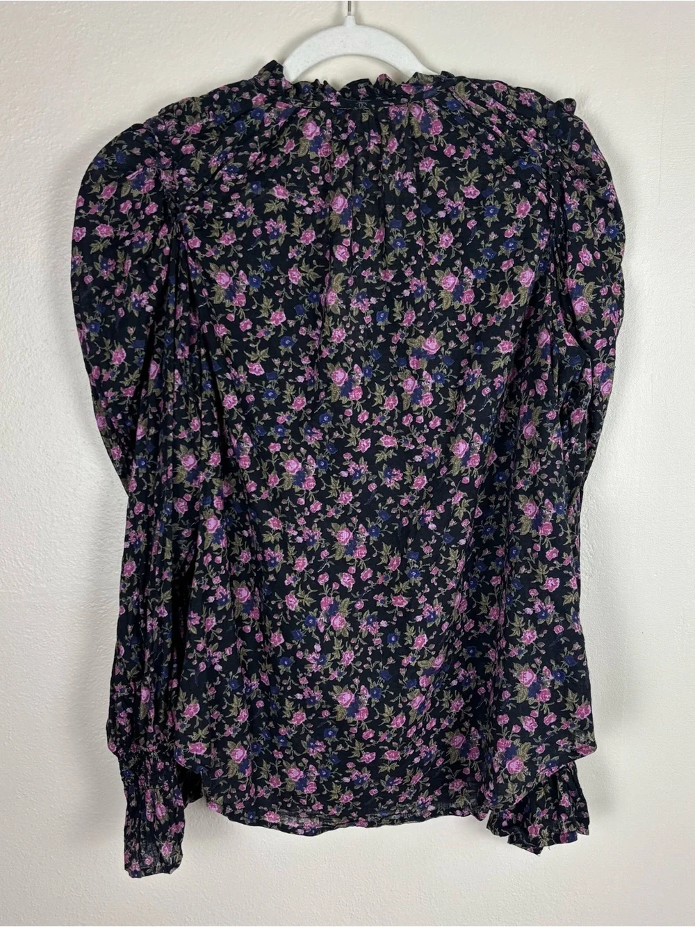 Free People Meant To Be Blouse Size L Black Floral Long Puff Sleeves Button Down